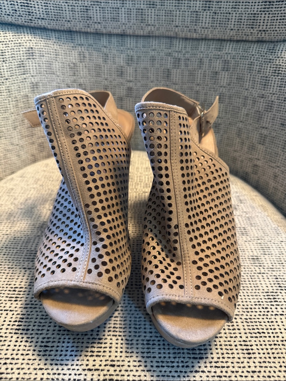Chinese Laundry Perforated Taupe Open-Toe Ankle Strap Heels